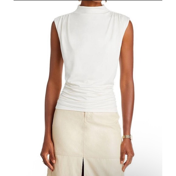 Aqua Sleeveless Mock Neck Ruched Top Cream Neutral Minimalist Chic - Picture 1 of 7